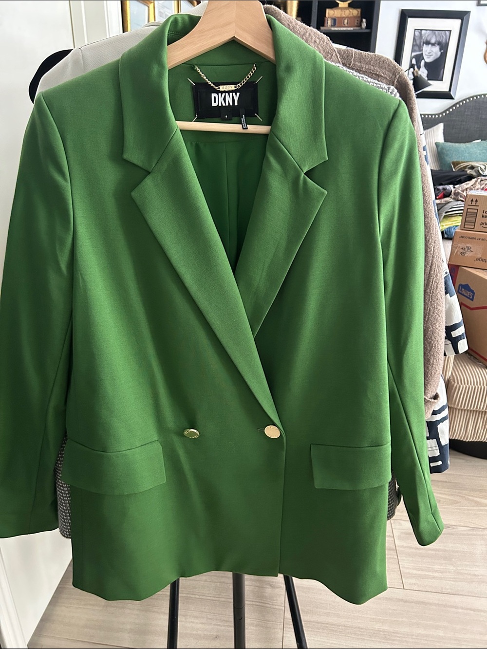 DKNY Emerald Green Double-Breasted Blazer with Gold Buttons